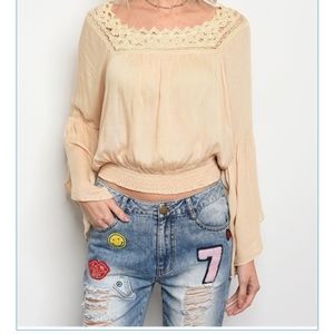 Blush Noir taupe rayon blouse with flutter sleeves
